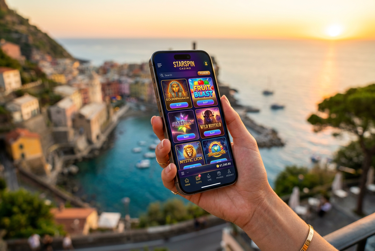 A professional photograph of a person using a mobile casino app in a luxury setting.