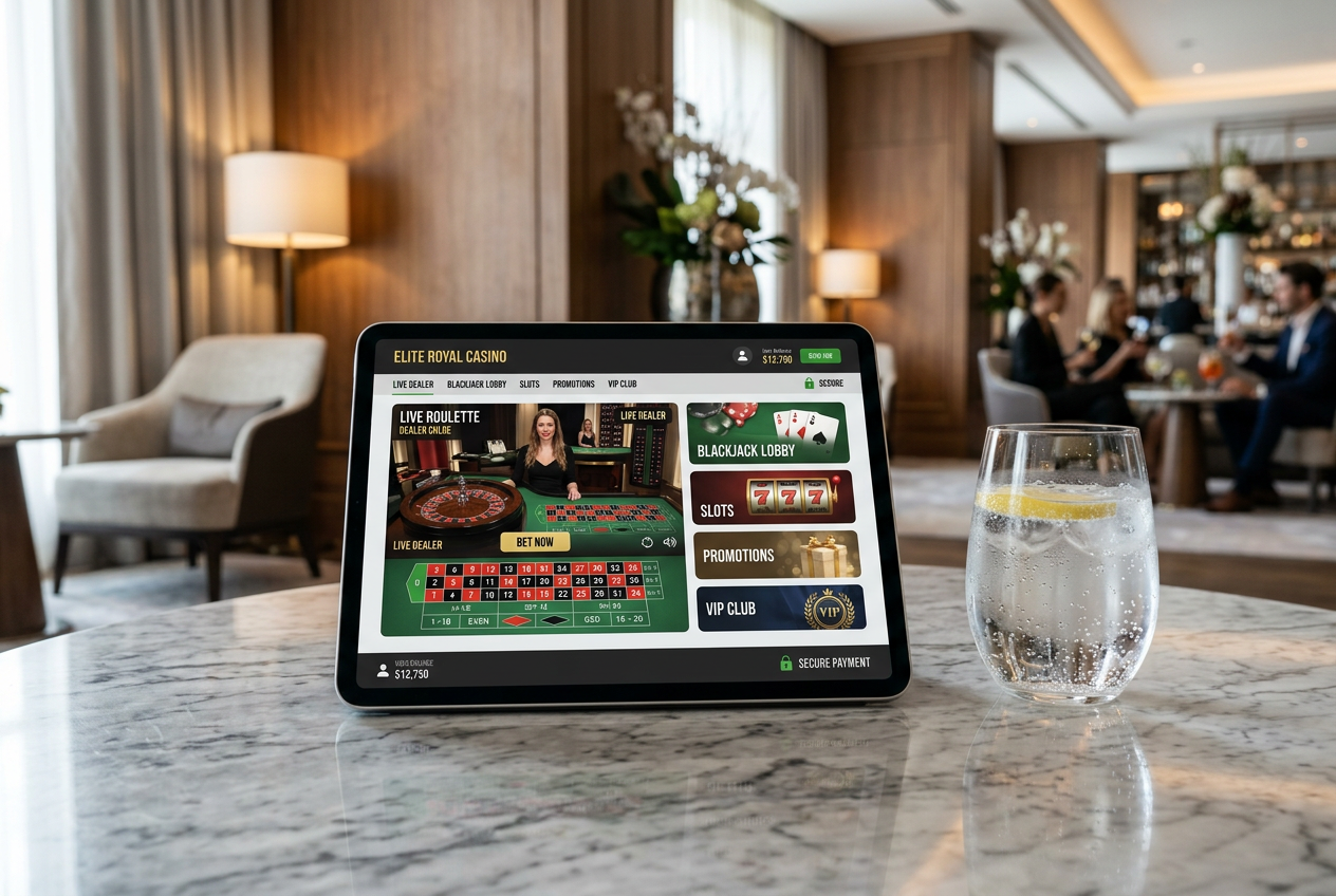 A professional photograph of a tablet showing casino comparisons on a marble desk.