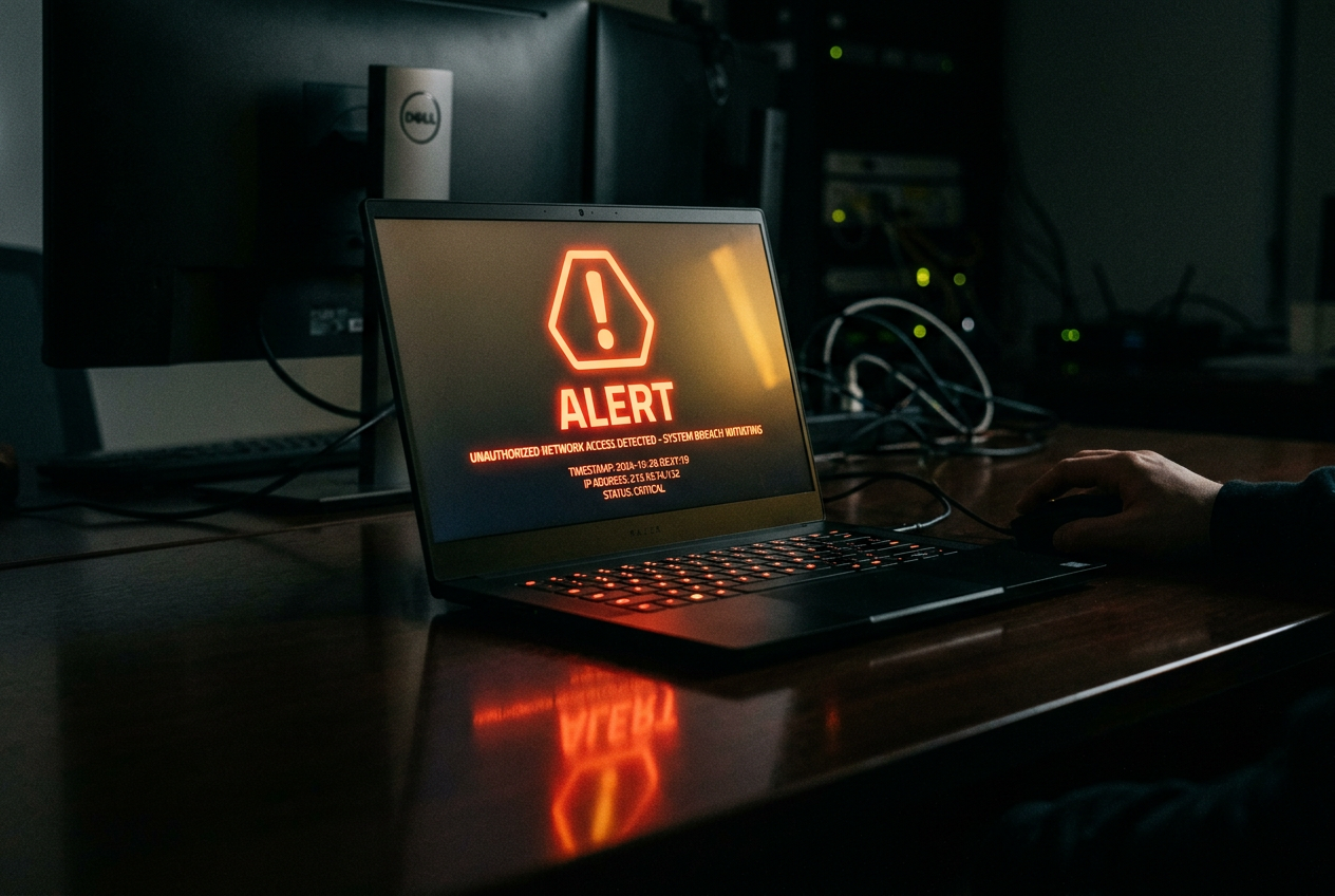 Digital security alert on a laptop screen symbolizing gambling risks.